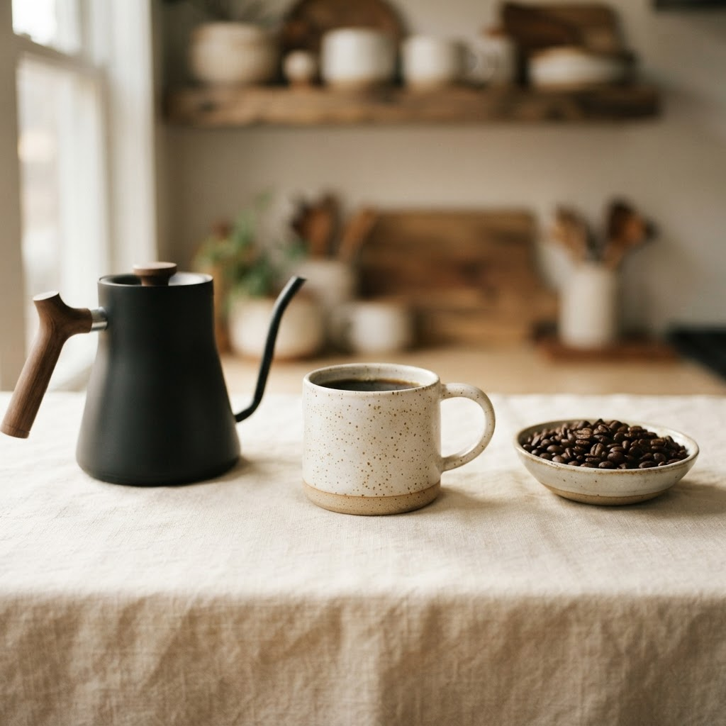 A matte black pour-over kettle, a ceramic mug, and a bowl of coffee beans on a warm cream surface